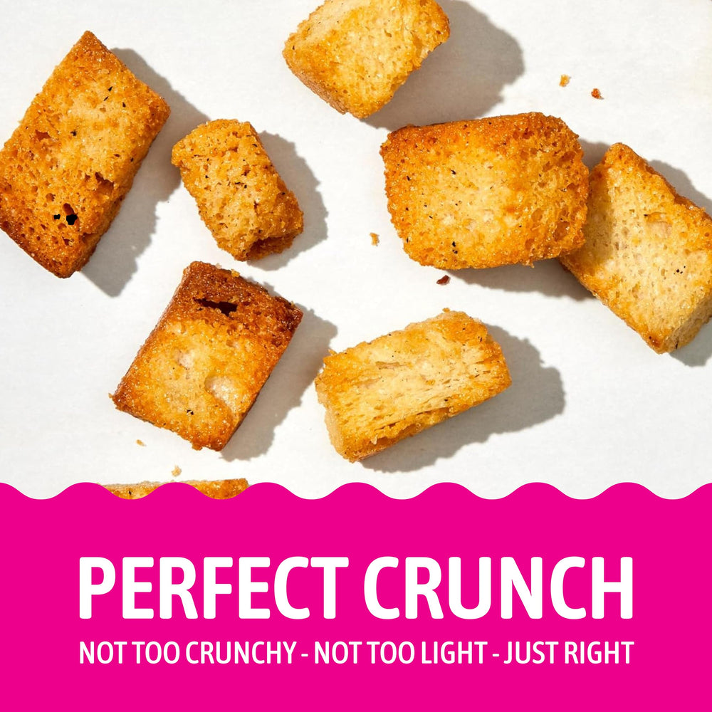 Kooshy Croutons Almost Naked label emphasizes non-GMO vegan ingredients.