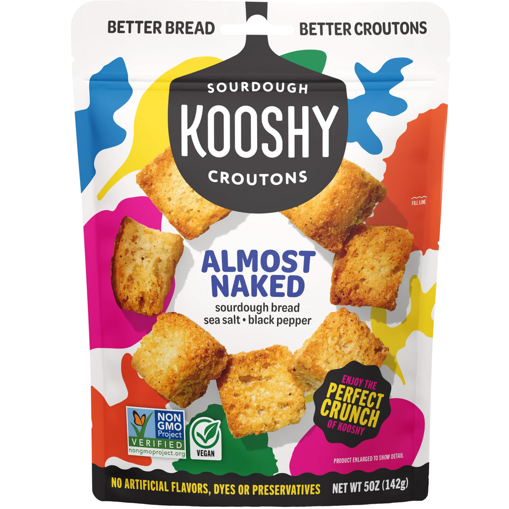 Kooshy Croutons Almost Naked pack shot showing crisp, all-natural vegan snack.