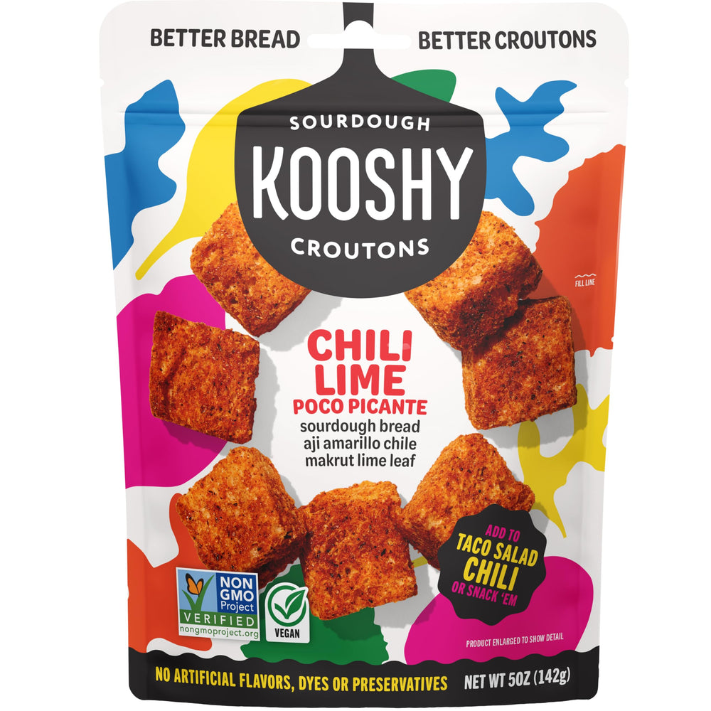 Kooshy Croutons Poco Picante bag shown as pantry staple for zesty salads.