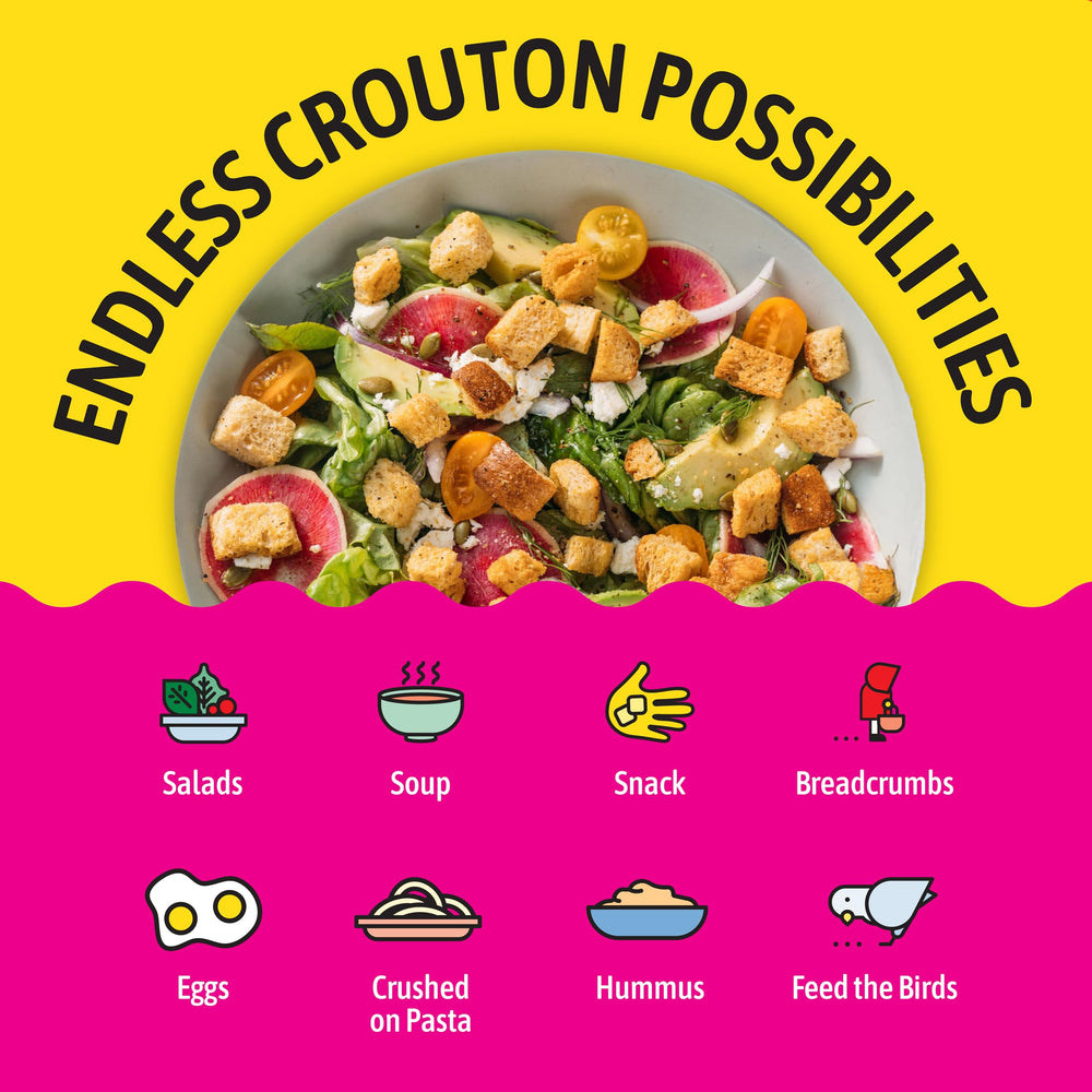 Kooshy Croutons Sea Salt and Black Pepper seasoning on croutons for flavor.