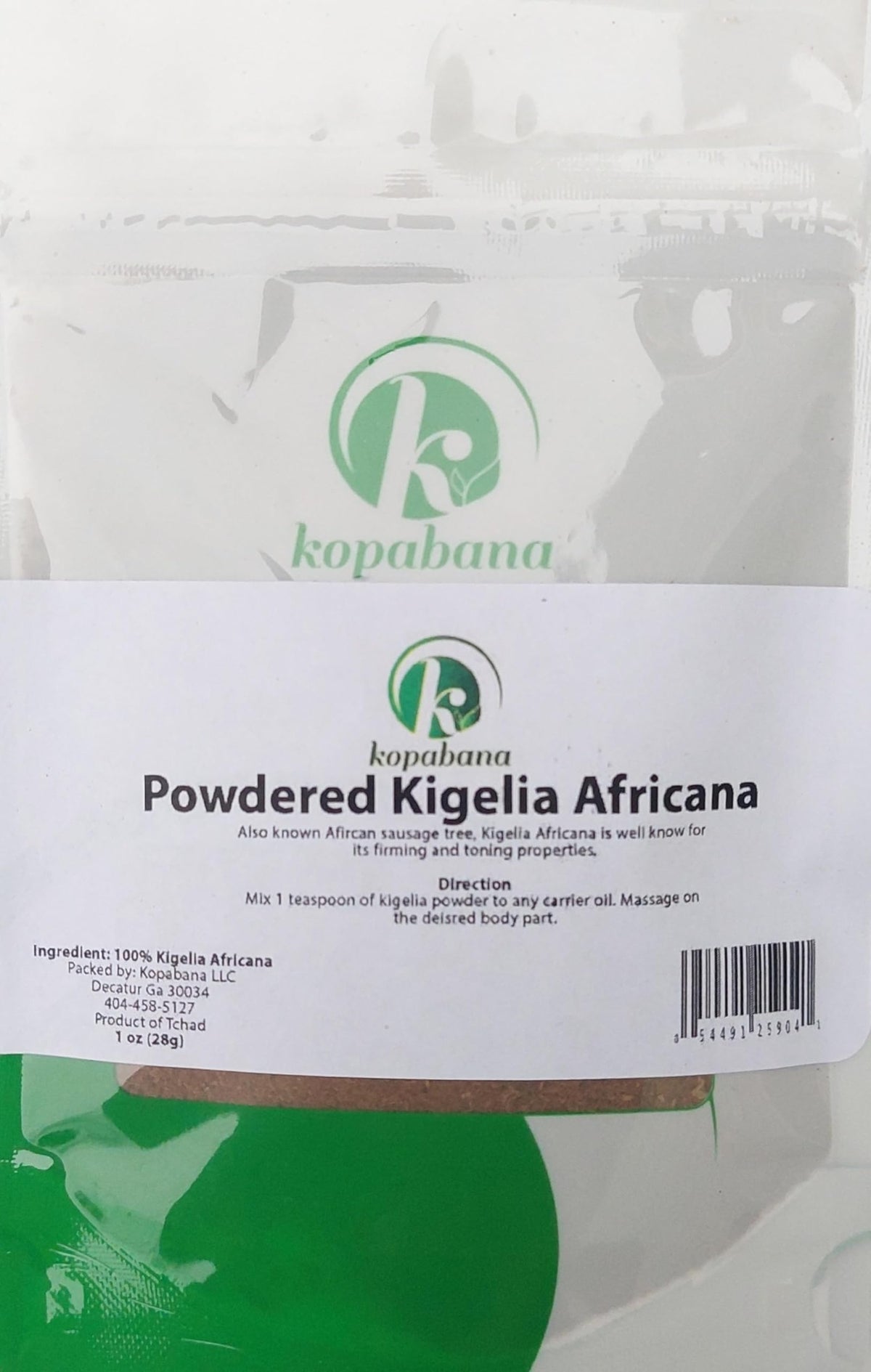 KOPABANA Kigelia Africana powder bottle for natural skin nourishment.