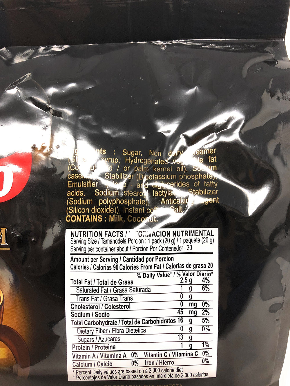 Kopiko 3 in 1 instant coffee back panel with product details.