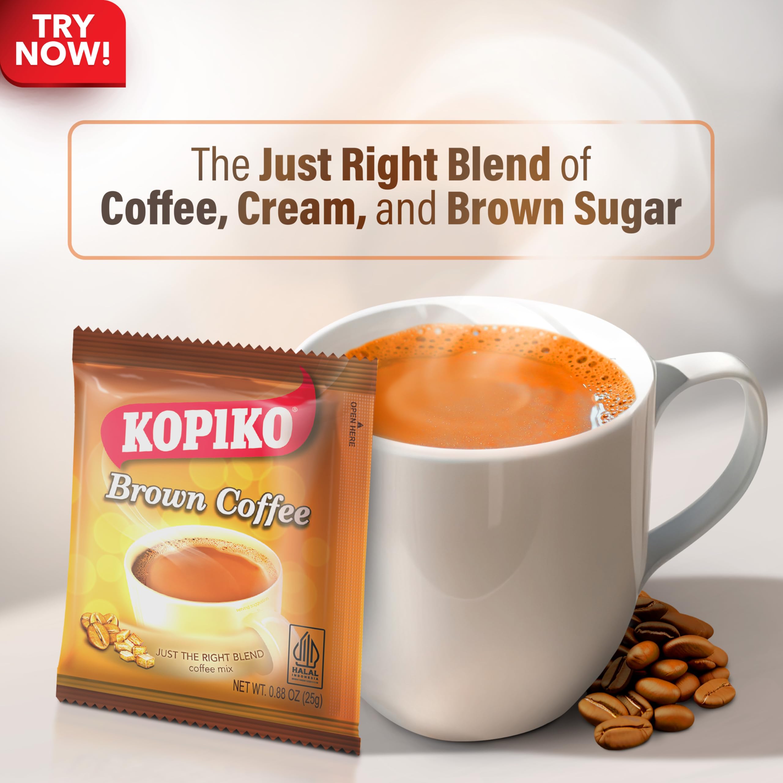 Steaming Kopiko Brown Coffee in a cup highlighting rich aroma.