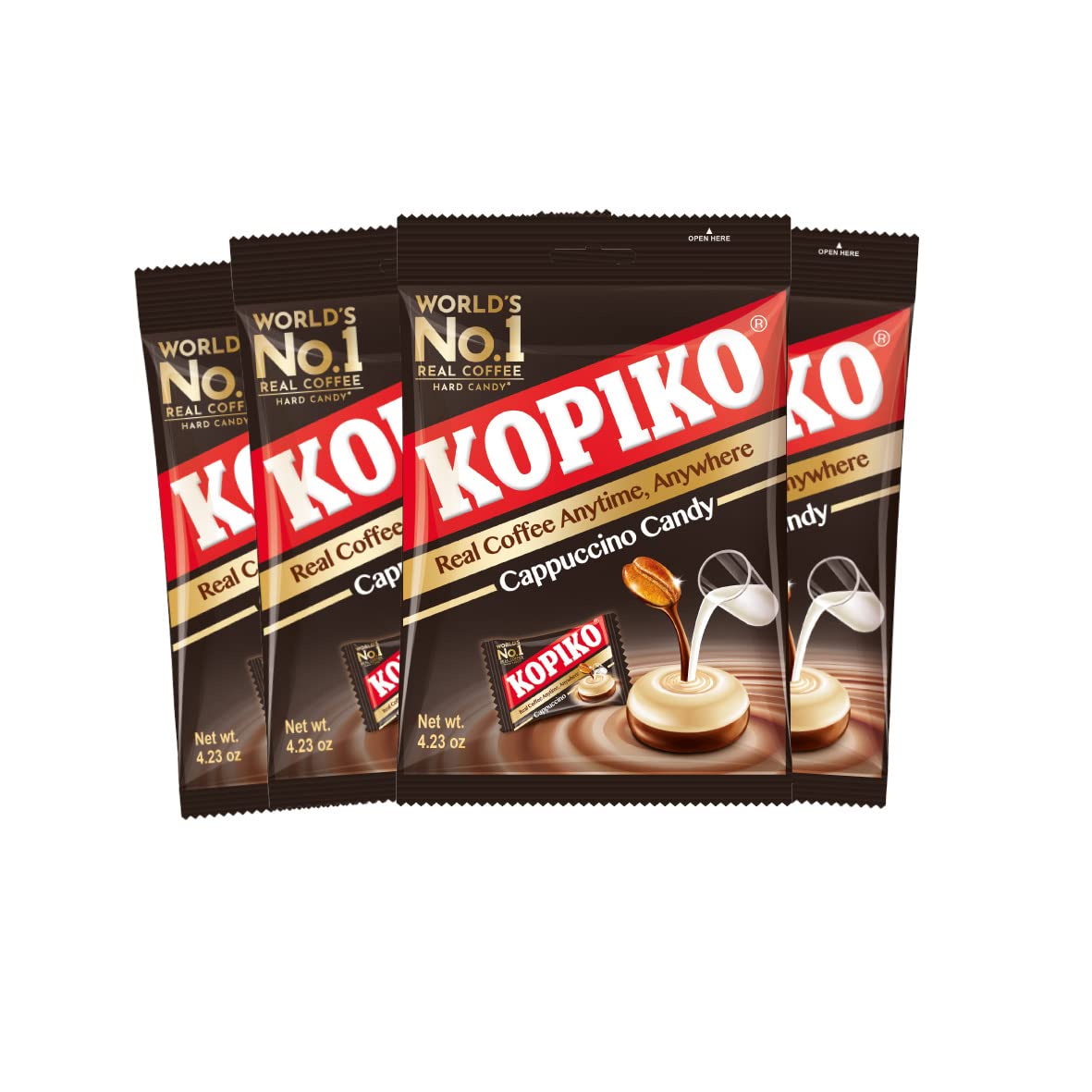 Kopiko Cappuccino Candy pack on shelf, convenient energy snack for busy days.