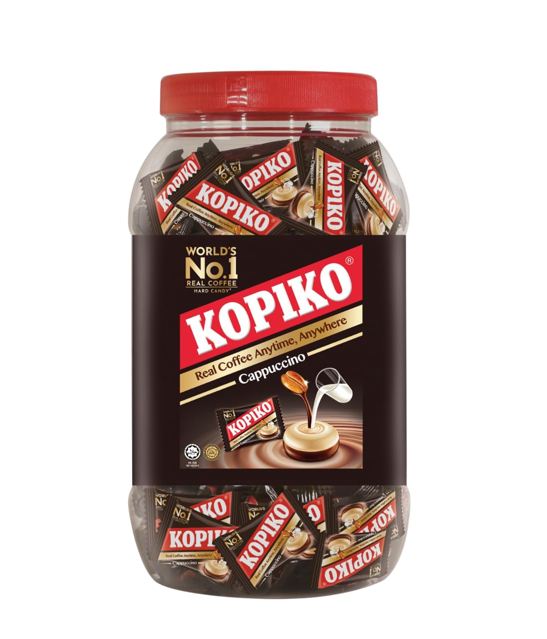 Kopiko Cappuccino Candy jar displaying real coffee extract for a portable energy treat