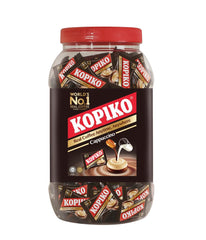 Kopiko Cappuccino Candy jar displaying real coffee extract for a portable energy treat