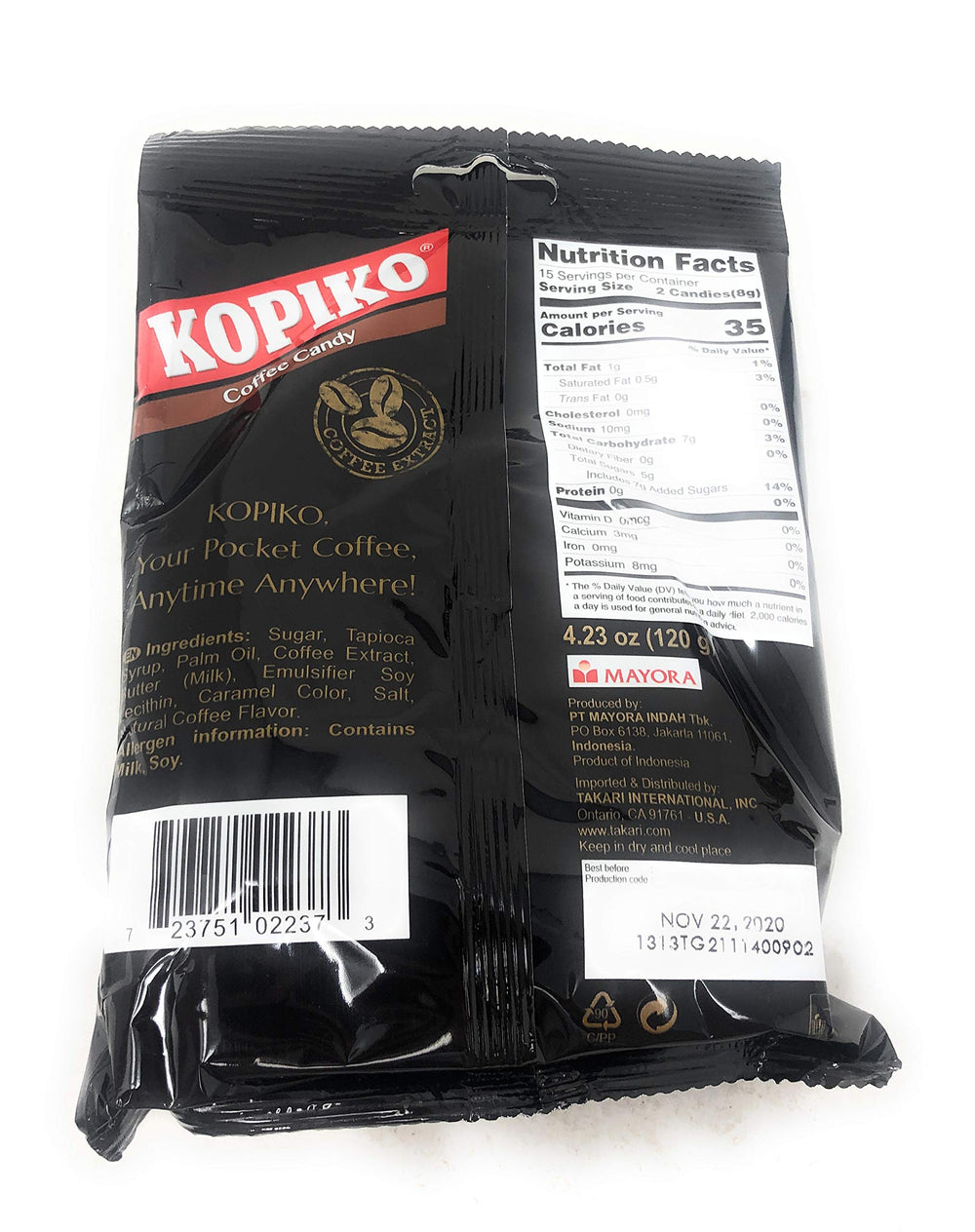 Kopiko coffee candy bag open with candies visible for sharing.