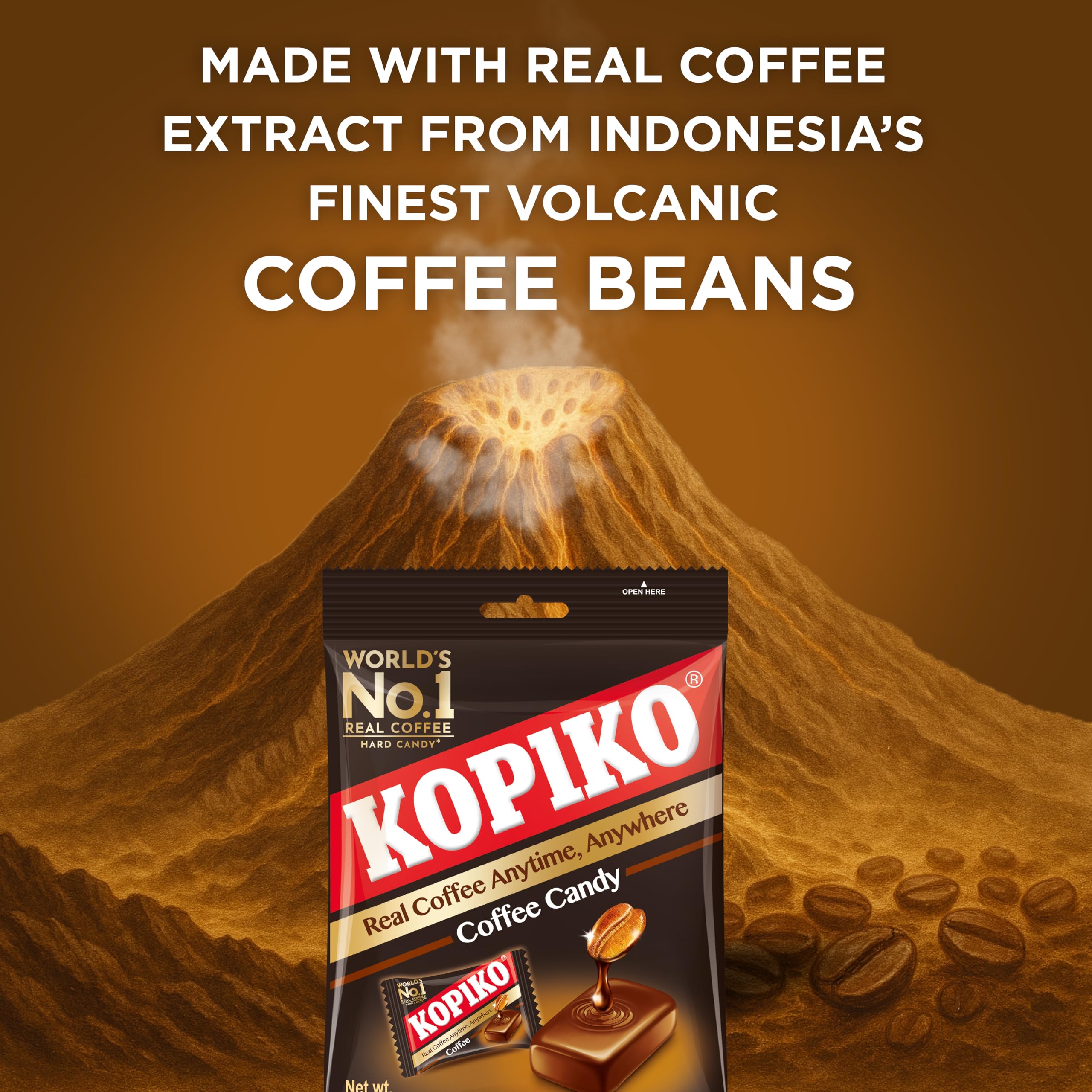 Kopiko Coffee Candy Indonesia origin with volcanic bean roast nuance.