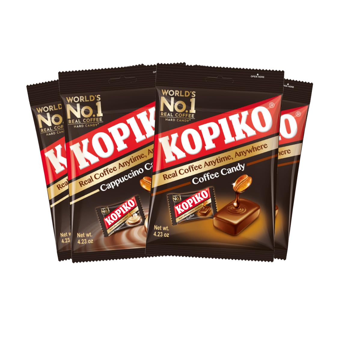 Kopiko coffee candy pack front view shows bold branding for on-the-go energy.