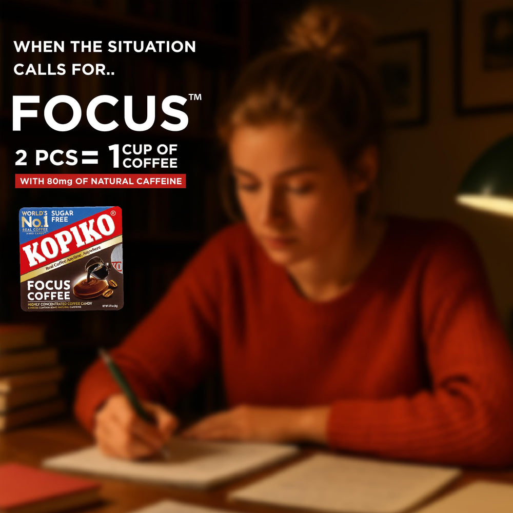 Kopiko Focus packaging closeup highlights sugar-free recipe and caffeine boost