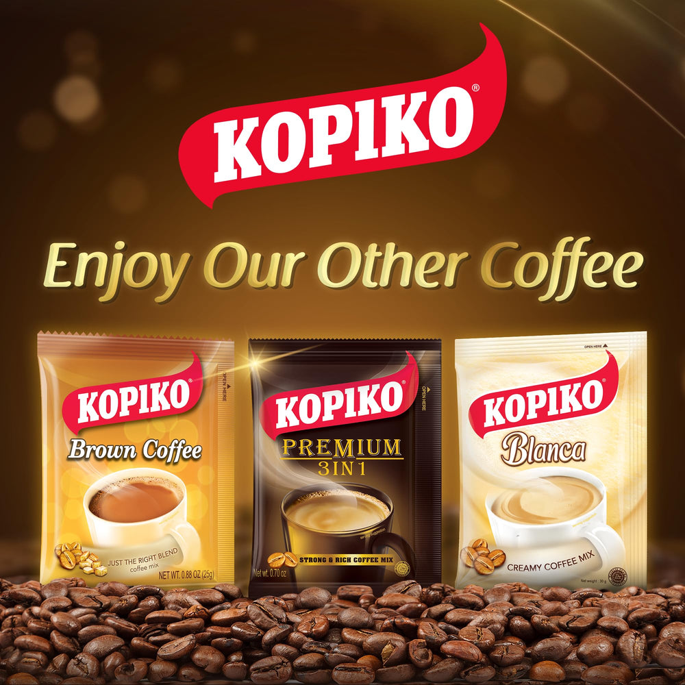 Kopiko instant coffee mix cup beside kettle for quick mornings