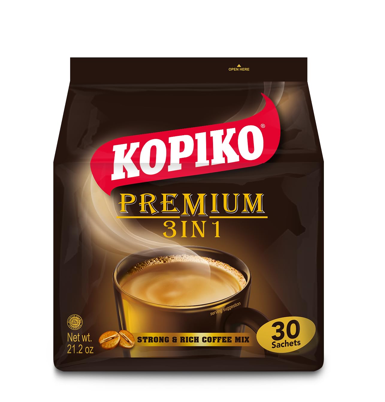 Kopiko Premium 3in1 coffee packet steaming cup for quick energized mornings