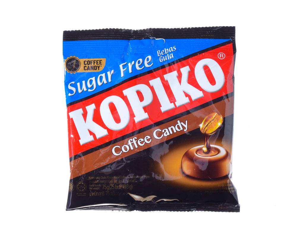 Kopiko Real Coffee Candy Sugar Free 25-tablet pack; real coffee flavor without sugar, ideal on-the-go.