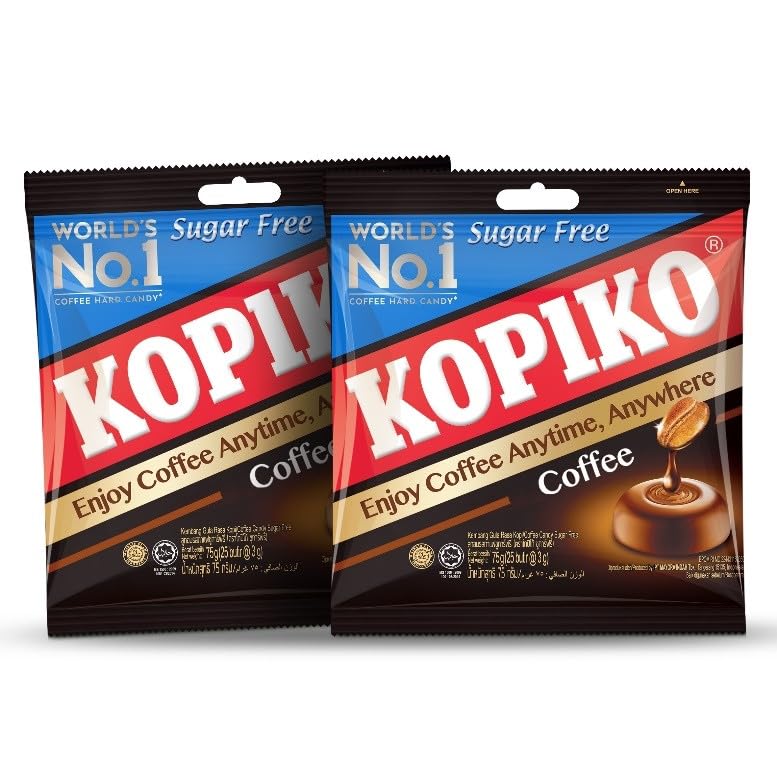 Kopiko sugar-free coffee candy pack front, portable energy on the go.