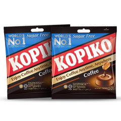 Kopiko sugar-free coffee candy pack front, portable energy on the go.