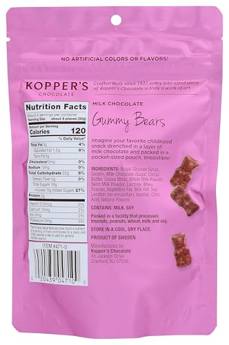 Kopper's chocolate-coated gummy bears close-up reveals creamy milk chocolate texture.