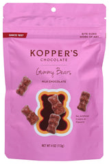 Kopper's Milk Chocolate Gummy Bears in a resealable 4 oz pouch for fresh snacking.