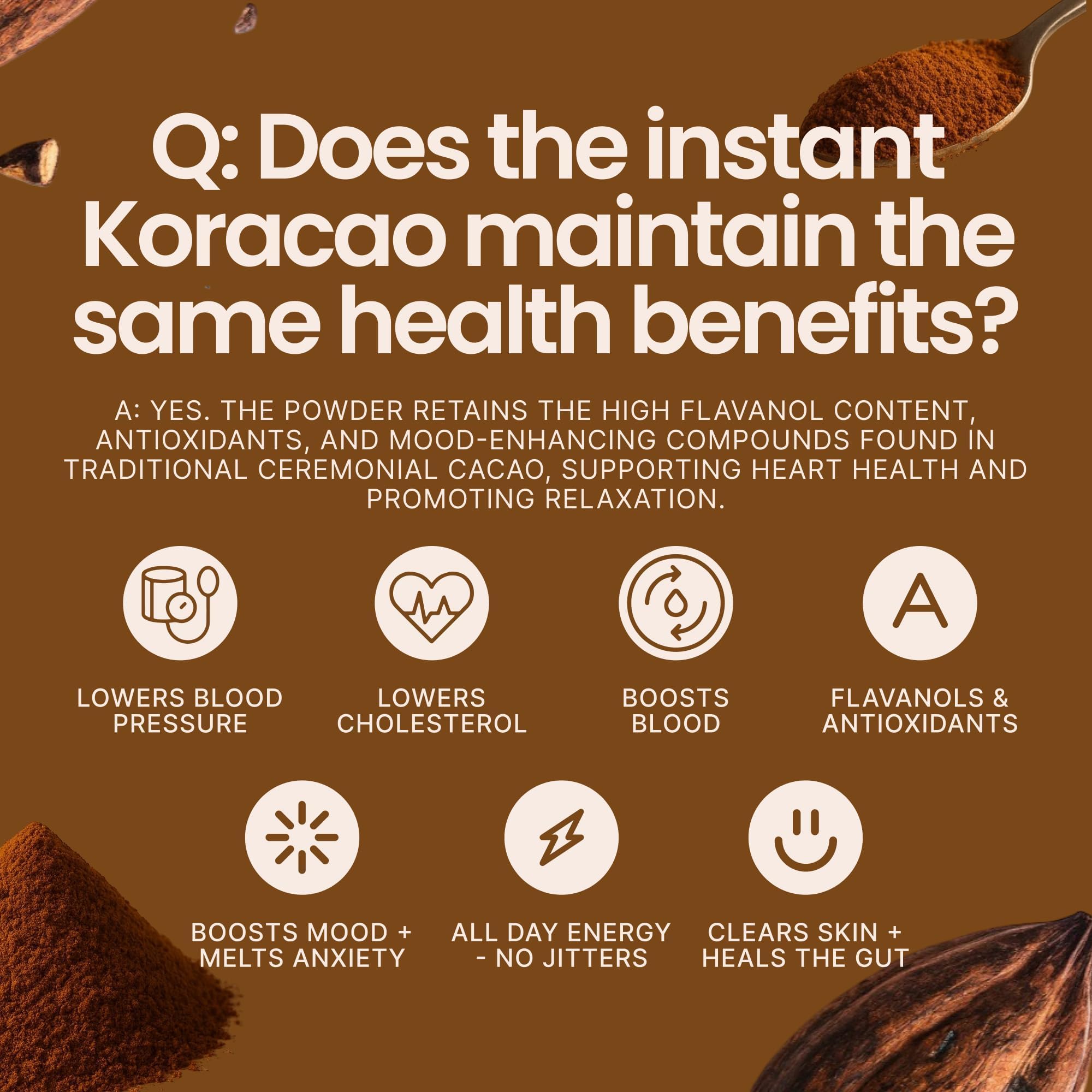 Closeup of KORACAO cacao powder showing earthy texture and color depth.