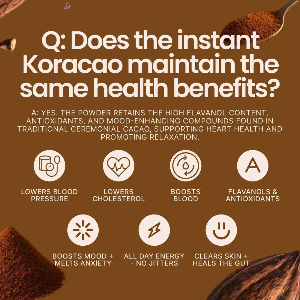 Closeup of KORACAO cacao powder showing earthy texture and color depth.