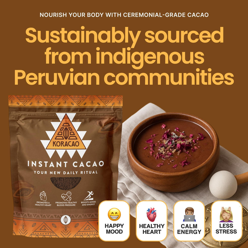 Steaming cup of KORACAO cacao invites focus and calm during a busy day.