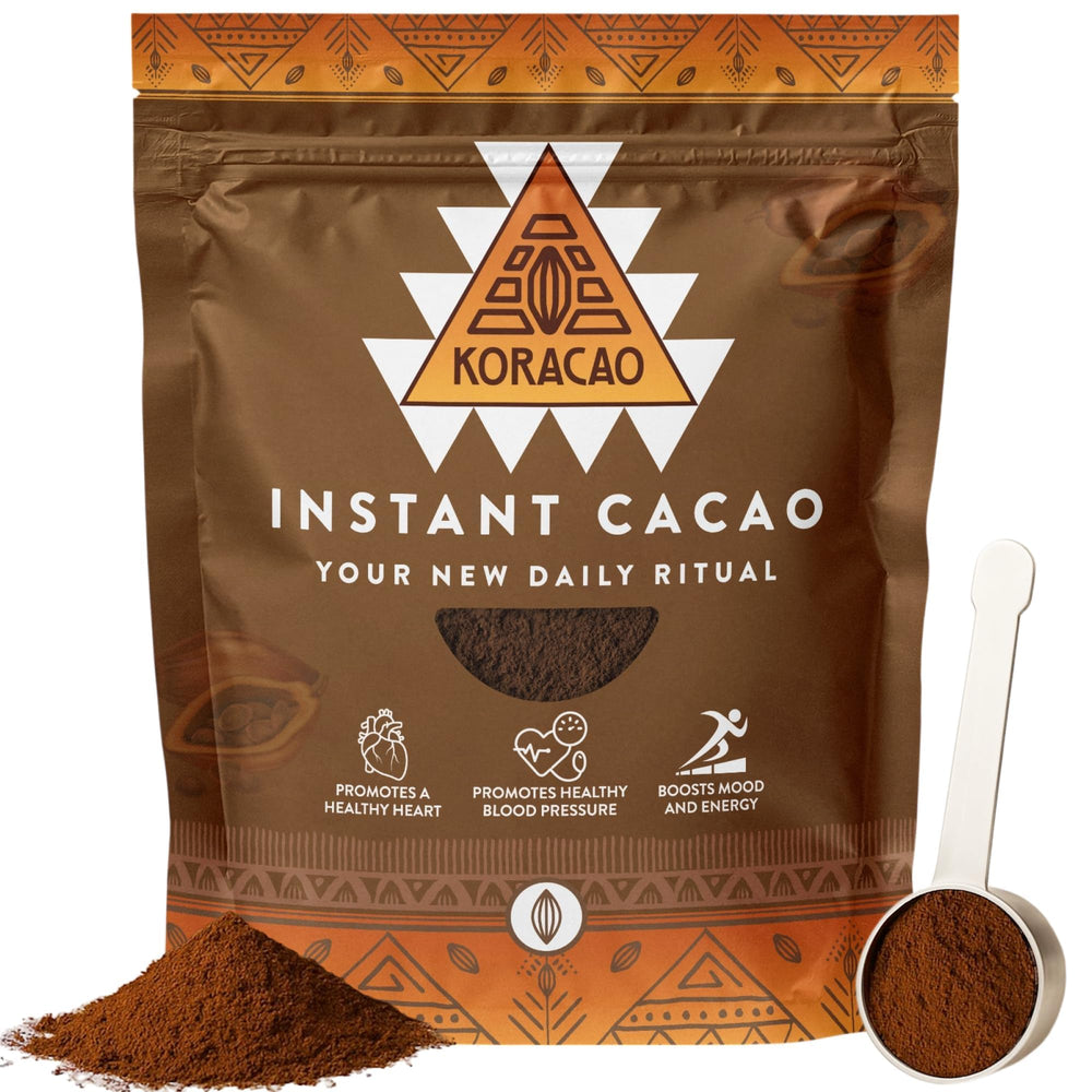 KORACAO jar of instant ceremonial cacao powder ready for a mindful morning ritual.