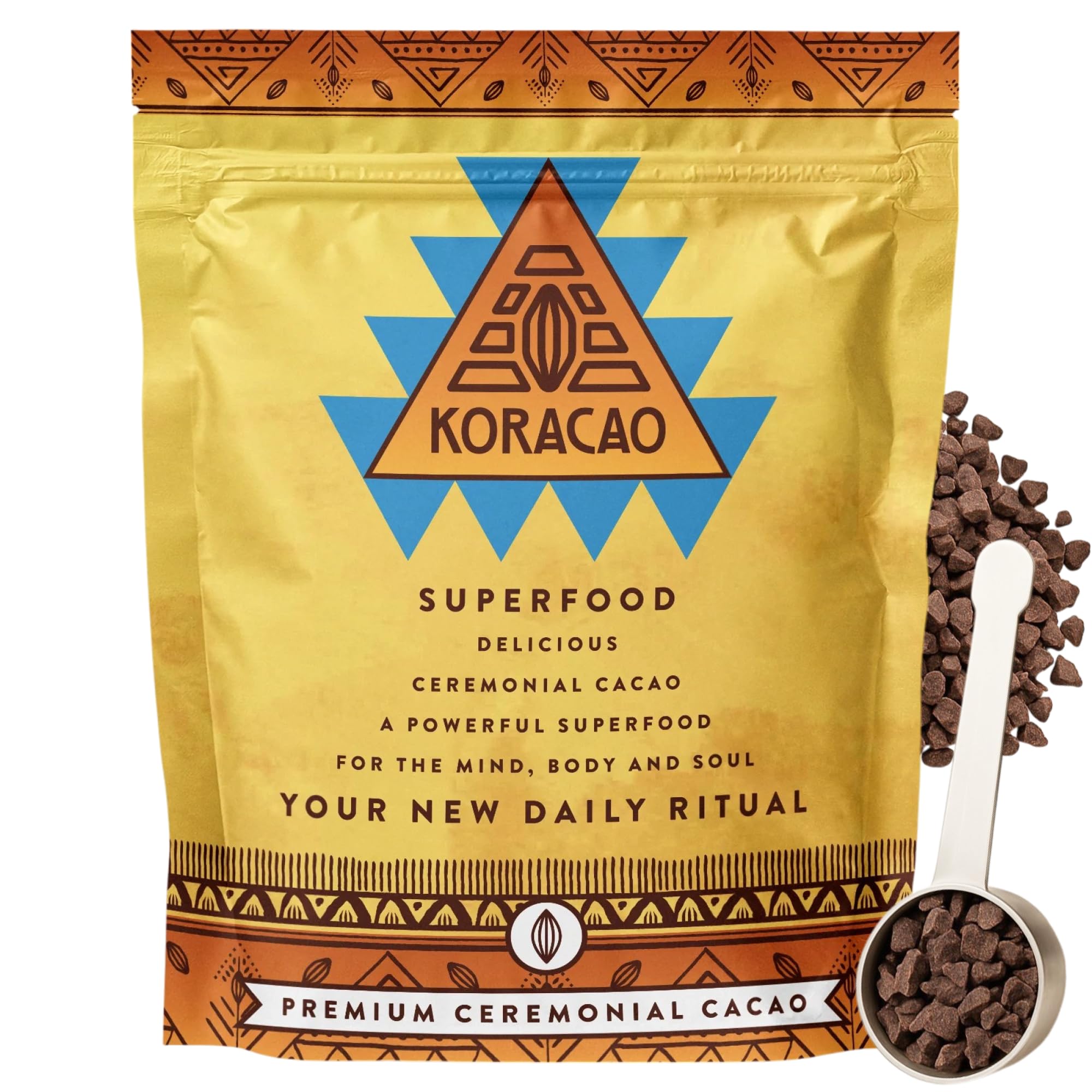 KORACAO sustainably harvested cacao packaging highlights eco-friendly sourcing for everyday rituals.