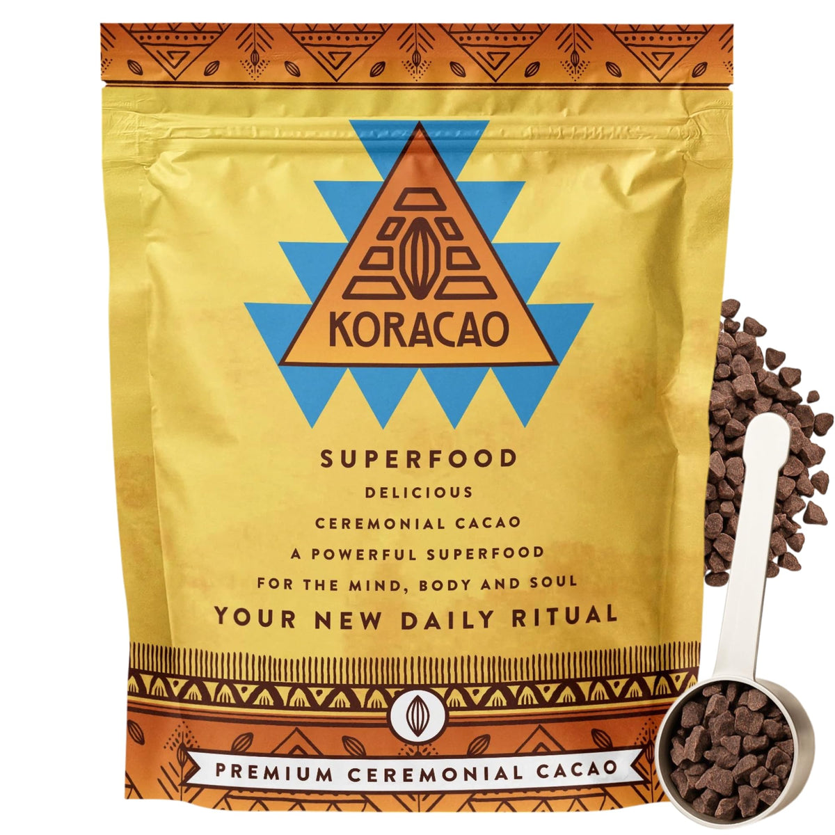 KORACAO sustainably harvested cacao packaging highlights eco-friendly sourcing for everyday rituals.
