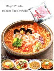 Korean Noodle Soup Powder spicy packaging label on shelf.