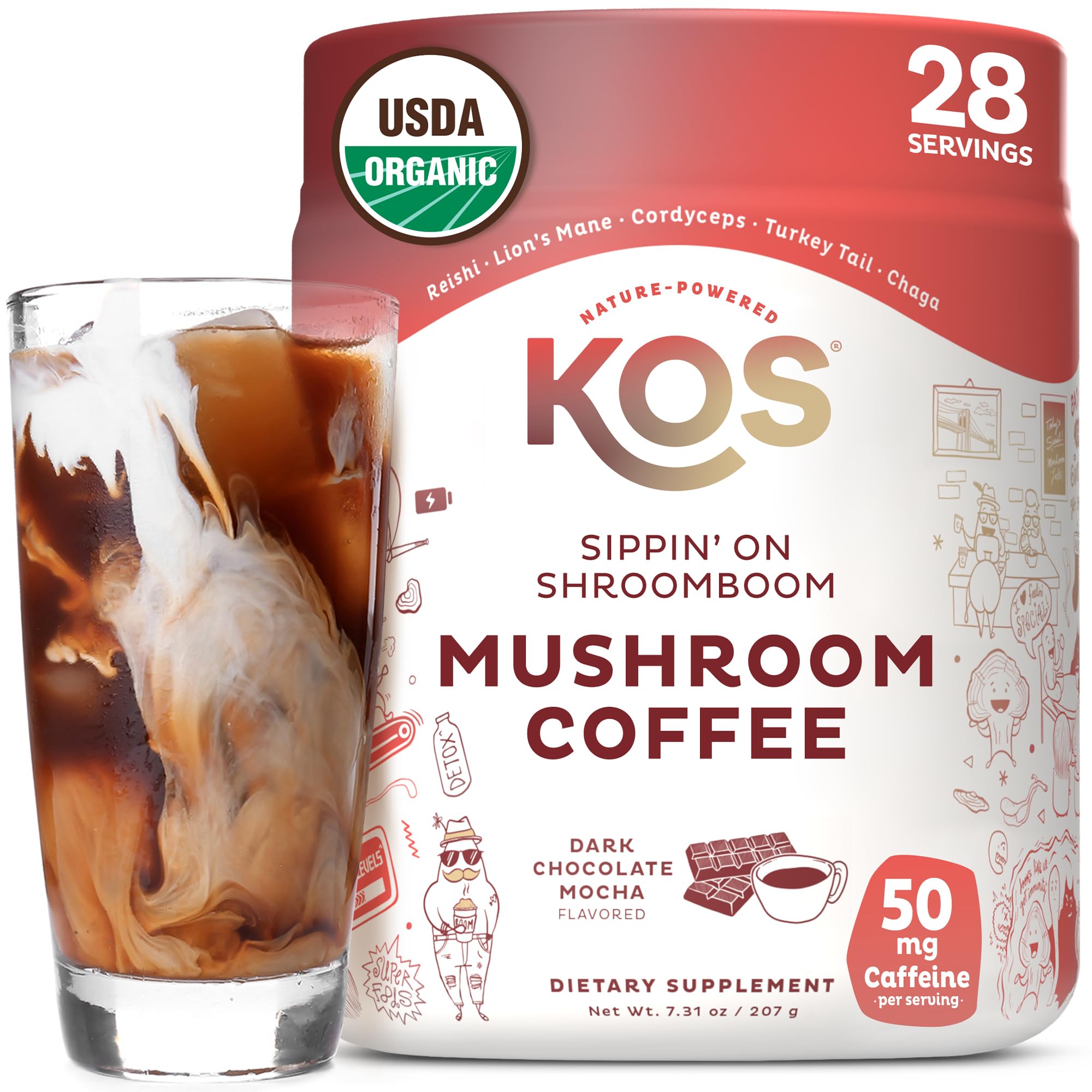 KOS Mushroom Coffee canister with rich chocolate mocha aroma to start the day.