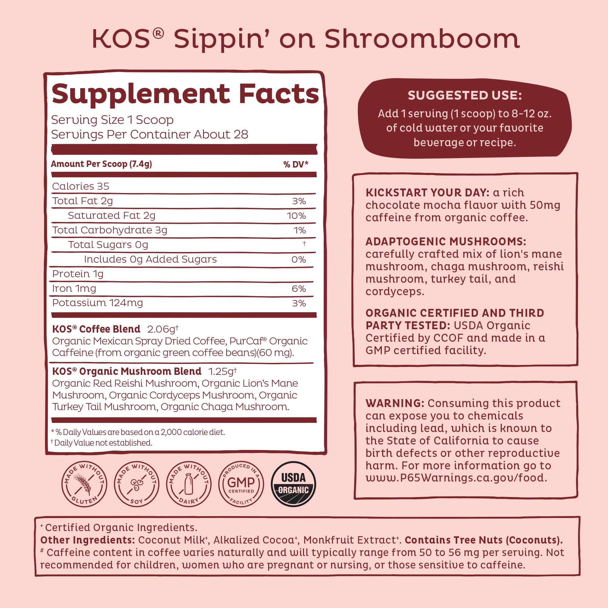 KOS Organic USDA label and vegan, gluten-free claim on the box.