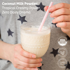 KOS coconut milk powder blended into a smoothie for velvety texture.