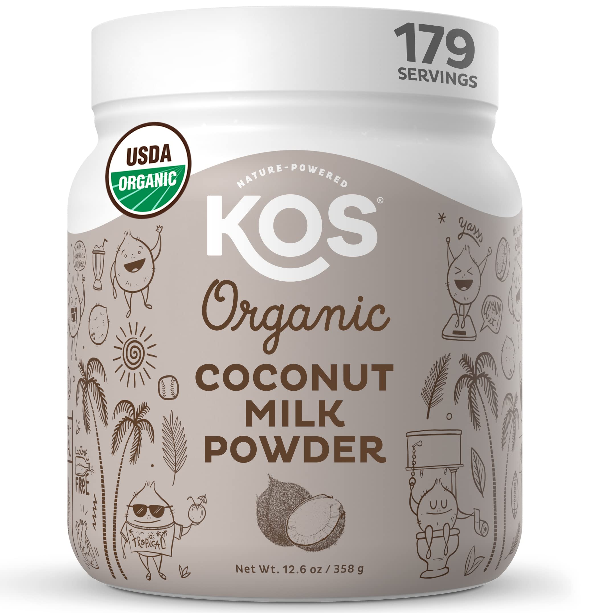 KOS Organic Coconut Milk Powder jar closeup showing creamy dairy-free potential.