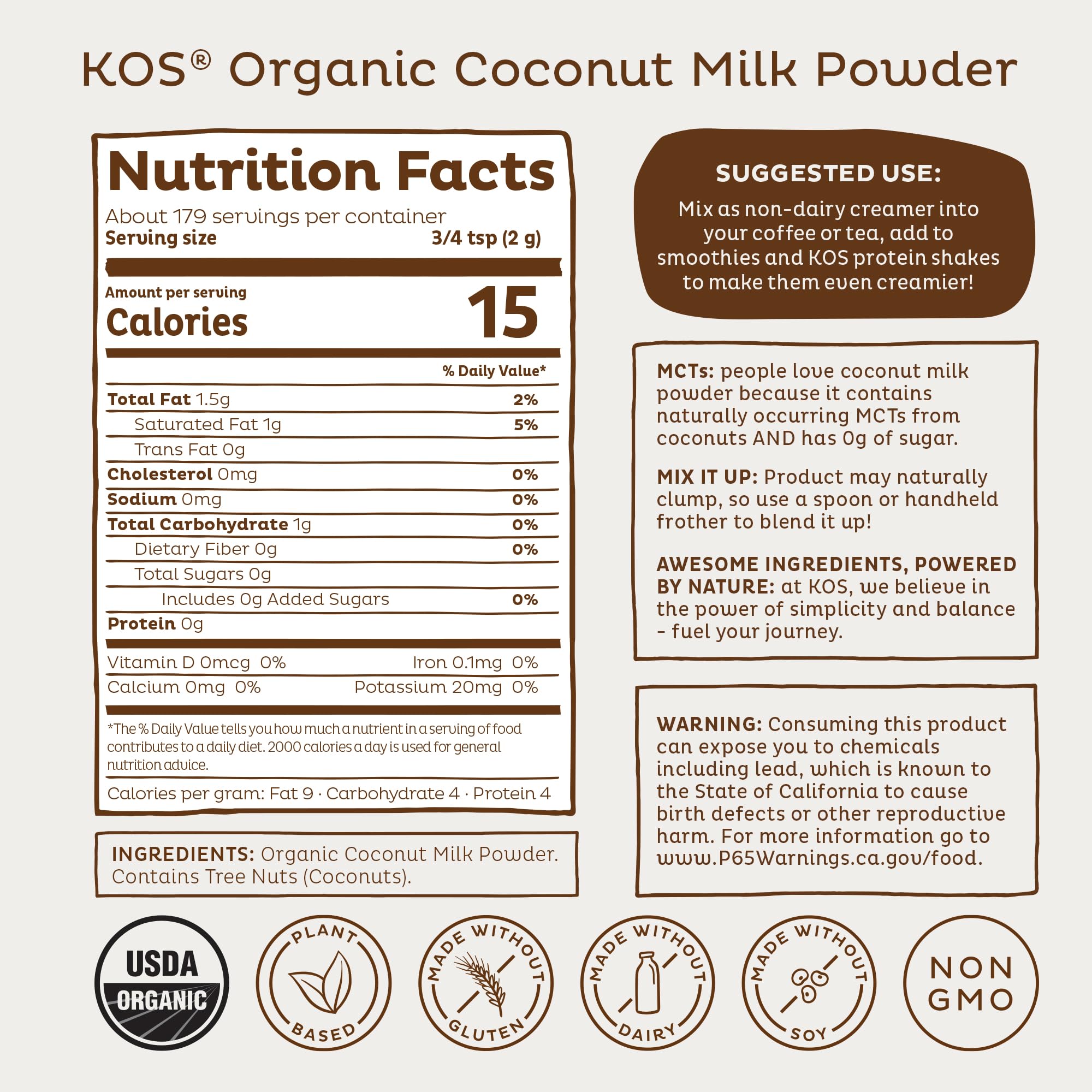 KOS Organic Coconut Milk Powder pours into coffee for dairy-free creaminess.