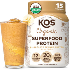 KOS Organic Plant-Based Protein Powder tub open for a tasty vegan shake