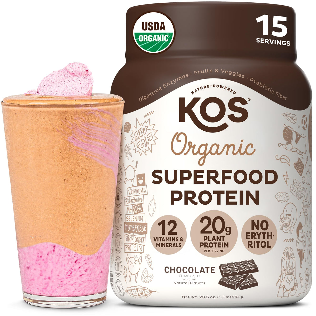KOS Plant Based Protein Powder Chocolate tub front, ideal for vegan shakes.