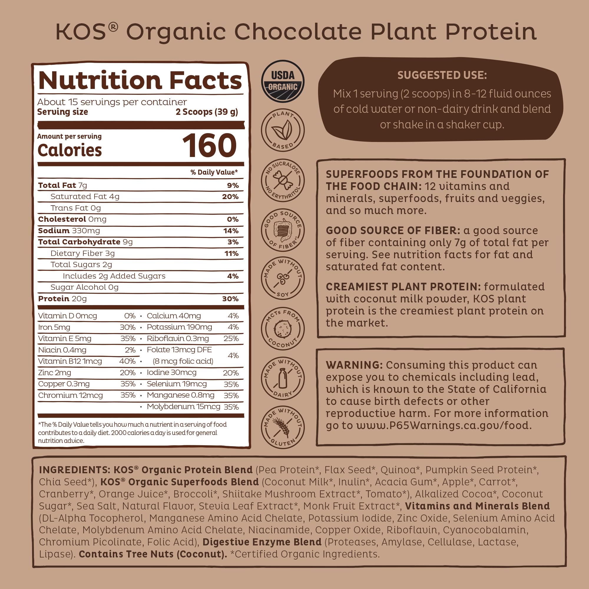 Vegan, dairy-free, gluten-free statement appears on KOS packaging.