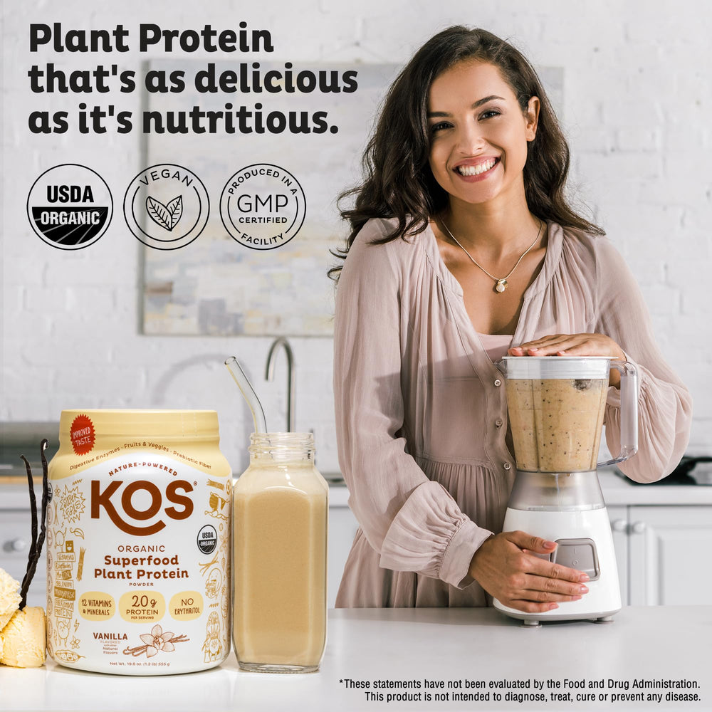 KOS vegan protein vanilla bottle pour demonstrates smooth mixability for quick meals.