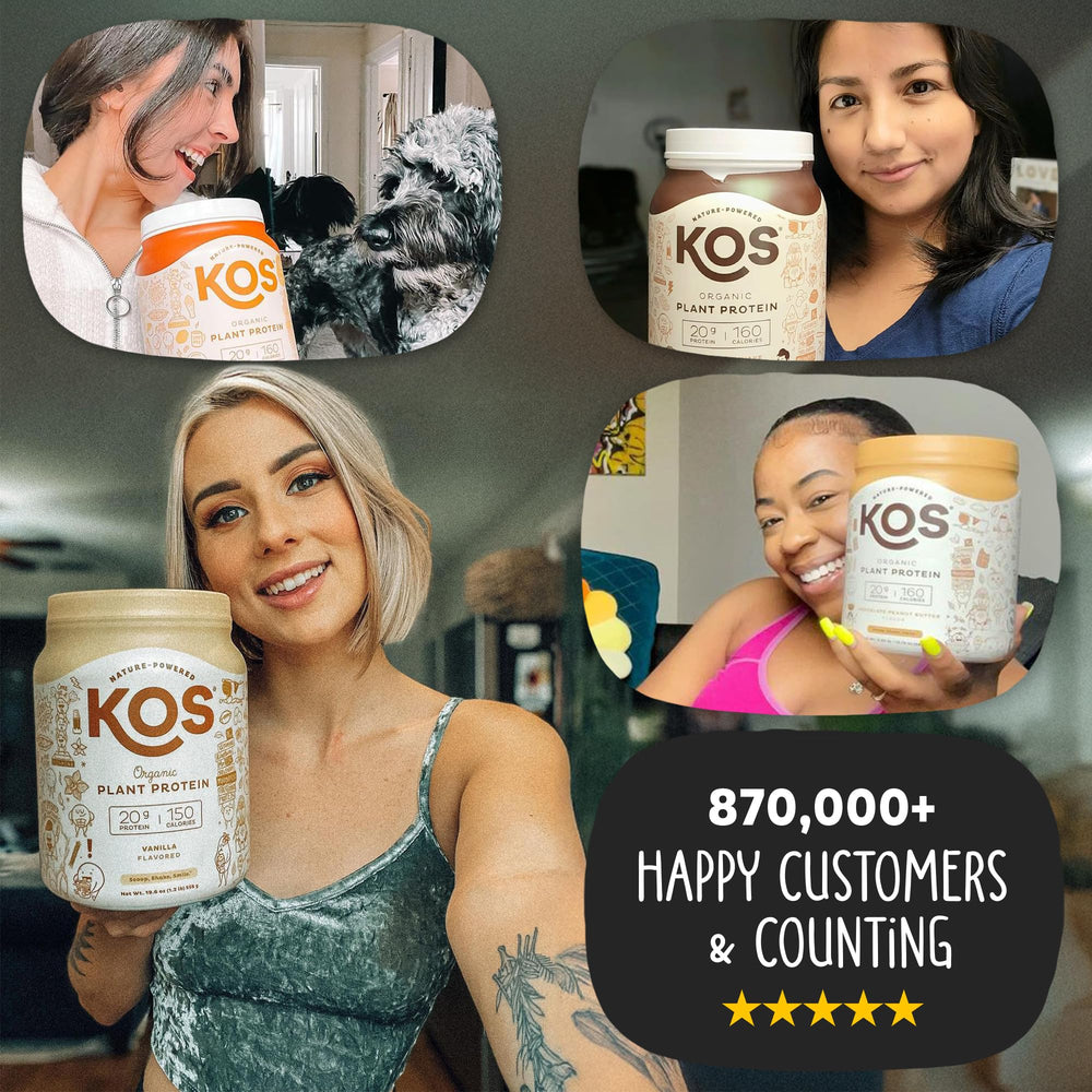 KOS vegan protein vanilla pouring shake glass conveys ready-to-drink preparation.