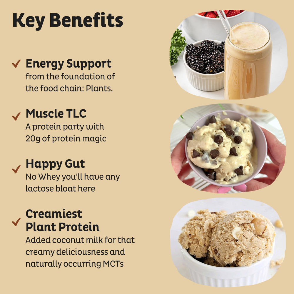 KOS vegan protein vanilla scoop highlights convenient serving for protein-rich snacks.