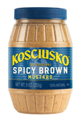 Kosciusko Spicy Brown Mustard bottle pour showing bold flavor for sandwiches