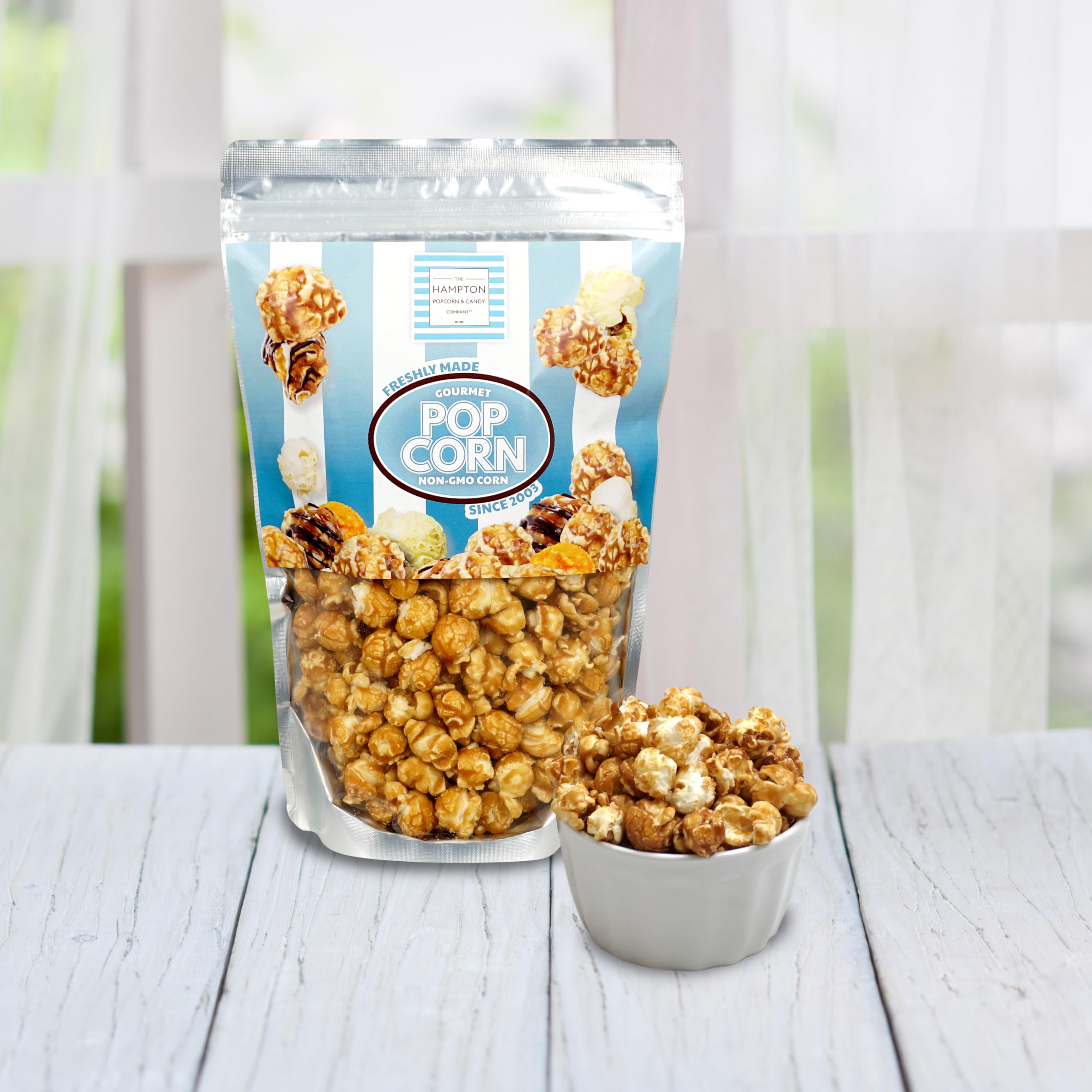 Kosher certified, gluten-free popcorn in attractive packaging.