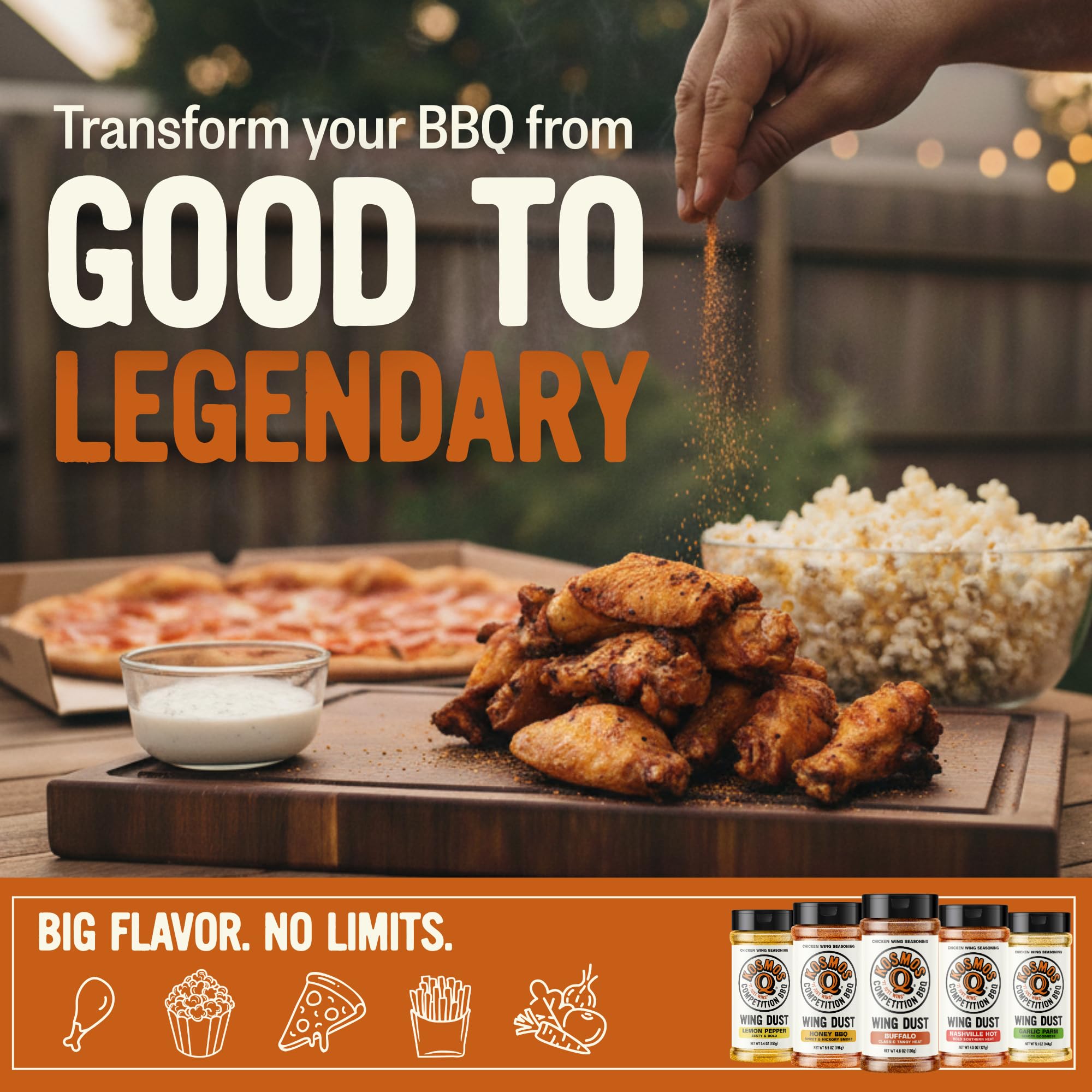 Kosmos Q Buffalo Wing Dust on pizza for extra zing and aroma.