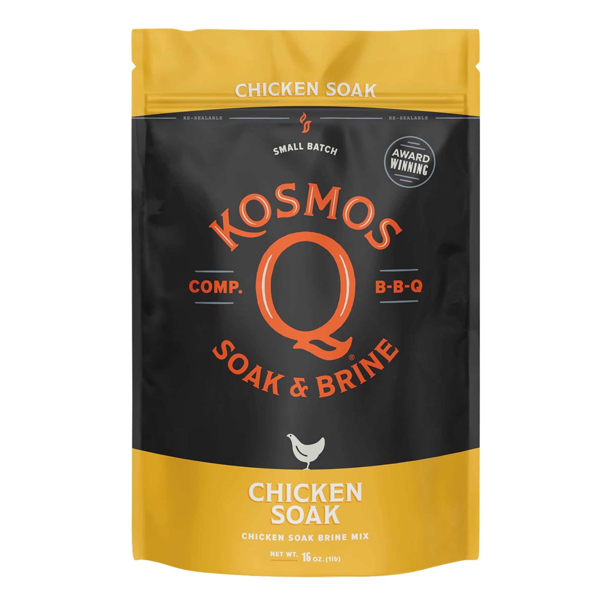 Kosmos Q Chicken Brine Soak package shows spice blend for moist poultry.