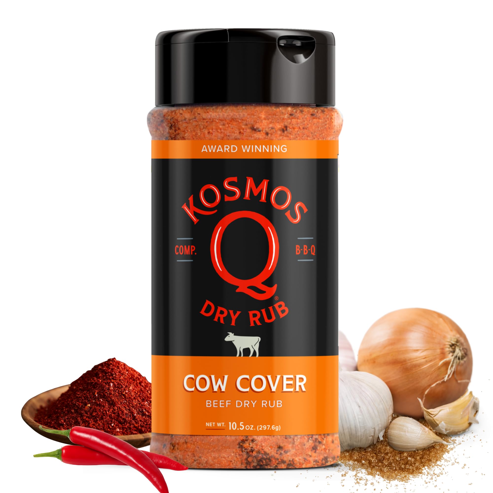 Kosmos Q Cow Cover bottle pour highlights bold, smoky beef seasoning for grilling