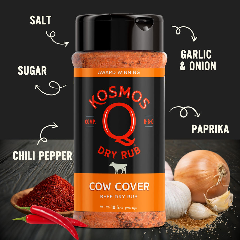 Kosmos Q Cow Cover rub coating on beef ready for grill or smoker