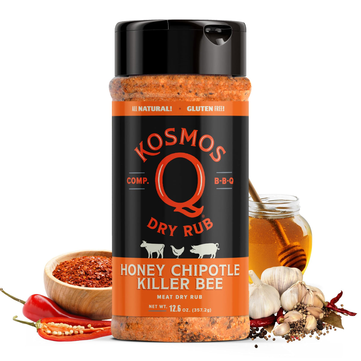 Kosmos Q Honey Chipotle Killer Bee dry rub bottle pouring for even coverage