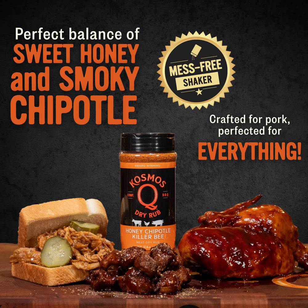 Kosmos Q Honey Chipotle Killer Bee rub shaker close-up ready to sprinkle