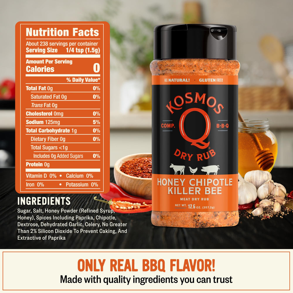 Kosmos Q Honey Chipotle Killer Bee rub on ribs during prep for flavor