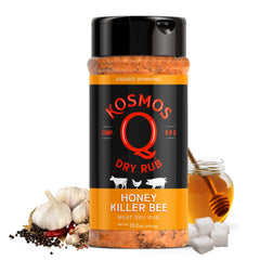 Kosmos Q Honey Killer Bee BBQ Rub bottle shows easy seasoning on the go