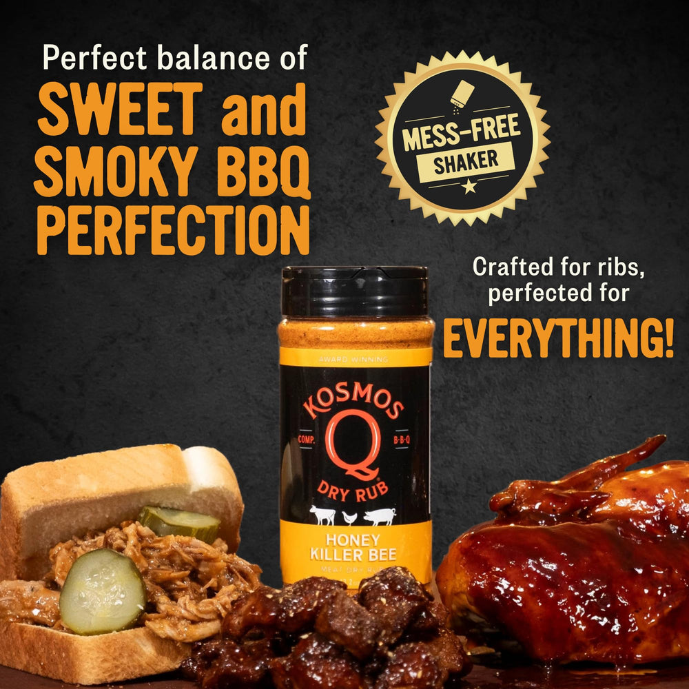 Kosmos Q Honey Killer Bee BBQ Rub on pulled pork ready to serve